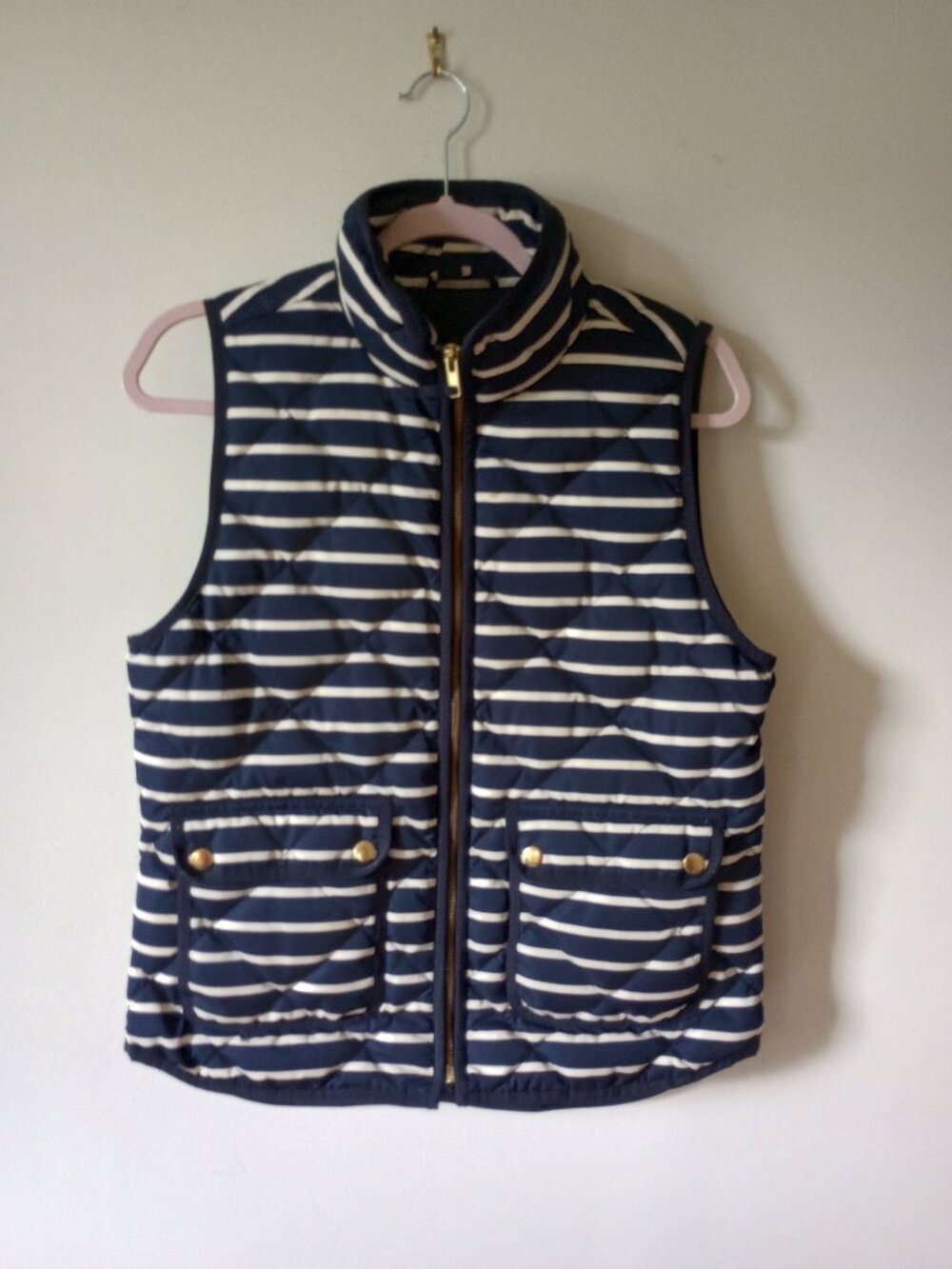 J. Crew Quilted Puffer Vest Striped Navy Blue sz S